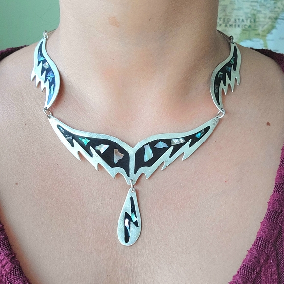 Vintage Mexican Alpaca Silver Abalone Shell Ornate Bib Necklace - Picture 11 of 16